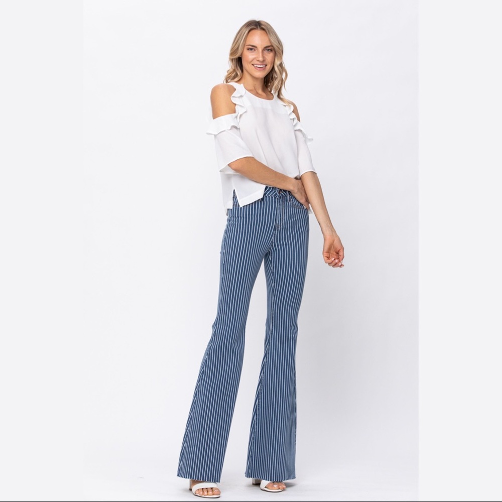 New! Judy Blue Hi Waist Super Flare Pin Stripe Dark Wash - Picture 3 of 11